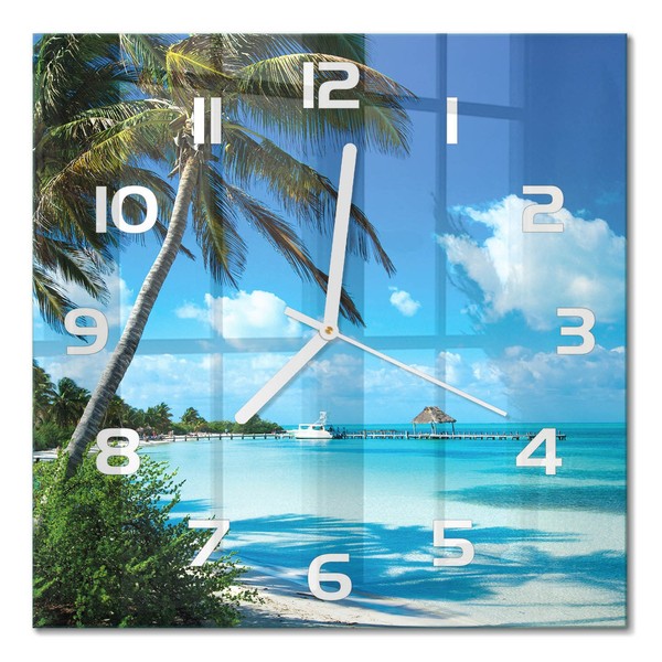Glasuhr Mit FließEnden Zeigern Aus Glas Tropischer Strand WeißE Zeiger 30X30 Cm-image