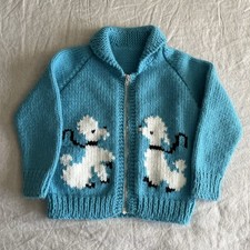 Vintage 50s 60s French Poodle Knit Cowichan Sweater Youth Kids Small Blue Rare