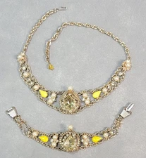 Vintage NECKLACE & BRACELET Unsigned DEMI Rhinestone Faux Pearl Goldtone SET