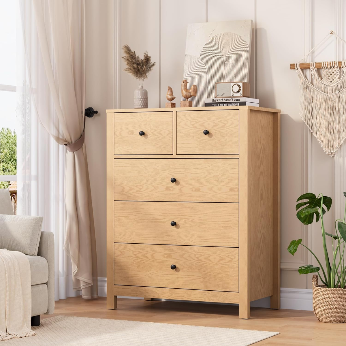 Natural Oak 5 Drawer Tall Dresser - Modern Storage for Bedroom & Home  Office | eBay