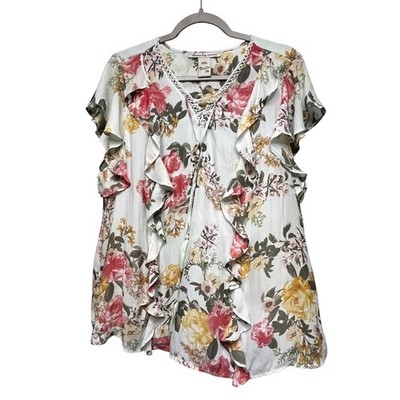 American Rag Cie Women's Floral Print Lace Up V Neck Ruffle Sleeve Tunic Top 2X