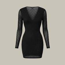 Fashion Nova Black Rhinestone Mesh Mini Dress Long Sleeve V-Neck BD10653