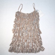 Mac Duggal Mini Dress Womens 2 Nude Silver Beaded Strap Sequin Ruffle Tiered