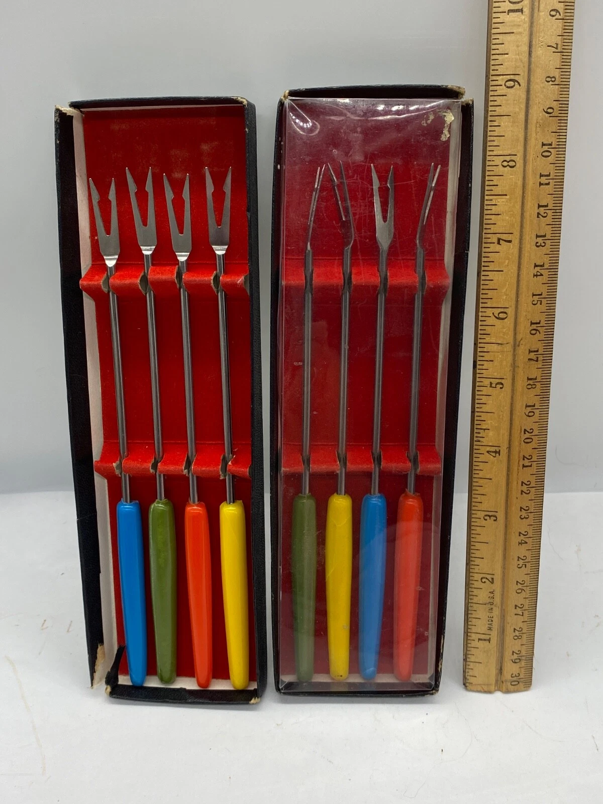 Vintage MCM Fondue Forks 2 Set of 4 Stainless Steel Colored Handle Japan/X Post