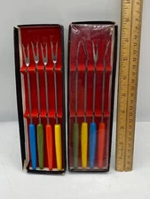 Vintage MCM Fondue Forks 2 Set of 4 Stainless Steel Colored Handle Japan/X Post