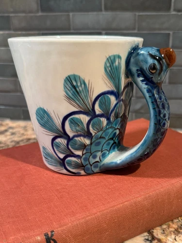 Hand Painted Guatemalan Ceramic Pottery  Sculpted Peacock Mug signed by artist