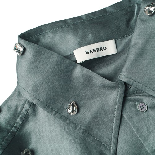 Sandro Paris Women's Shirt Size 2 FR / M Rhinestones Cropped SFPCM01012 - Picture 3 of 10