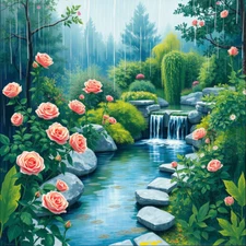 Digital picture waterfall by mountain with Light Rain and Roses printable file