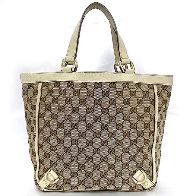 Gucci tote bag beige white 130739 GG canvas leather used
