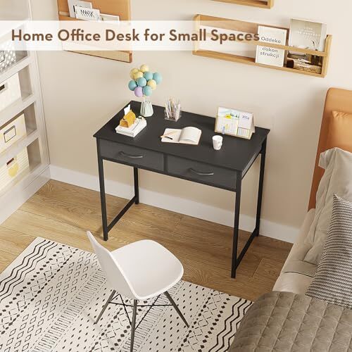 Small Computer Desk with Drawers, 31.5 Inch Vanity Small Size:31.5*15.7 Black - Picture 5 of 7