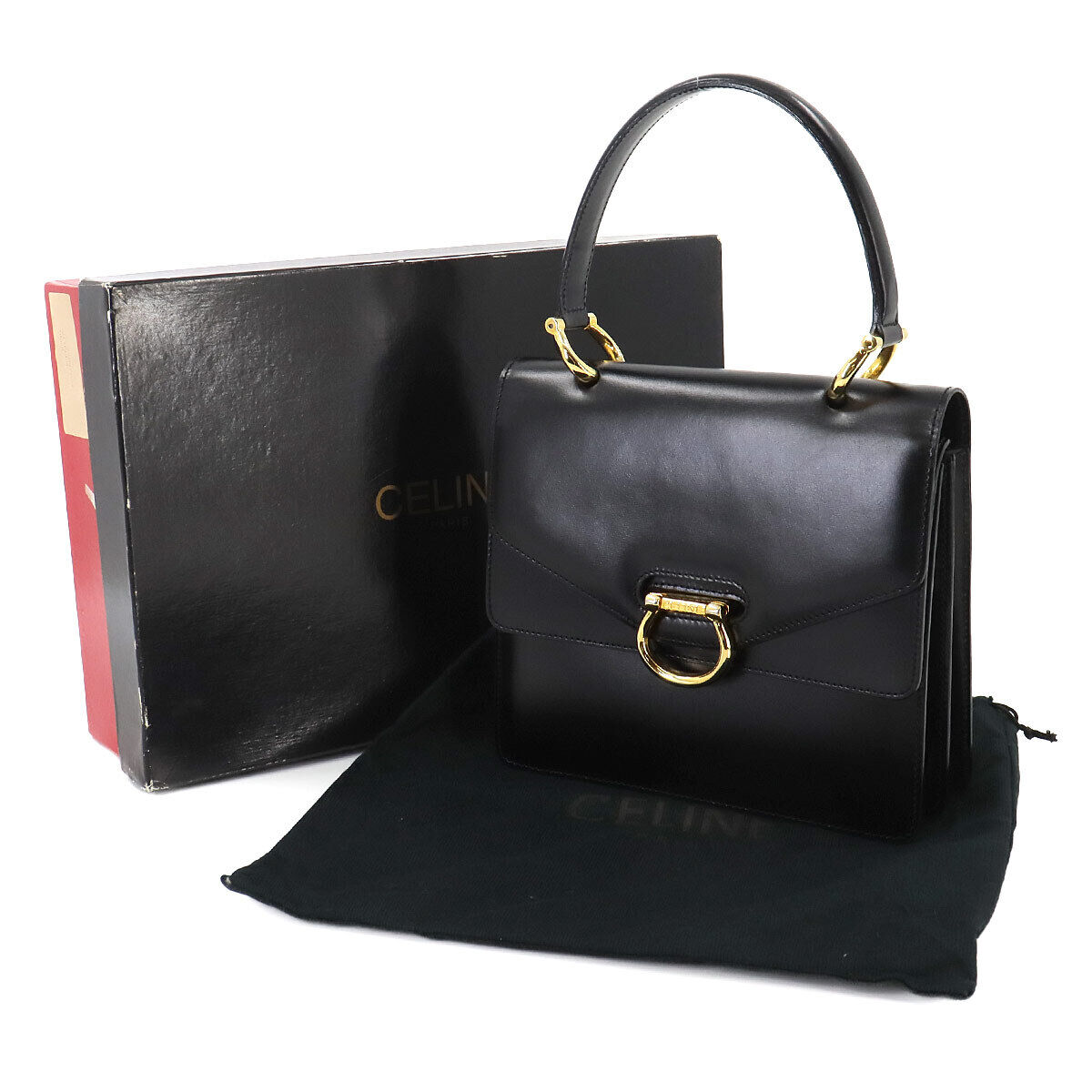 CELINE Gancini Hand Bag Leather Black Vintage Purse 90253562 CELINE Gancini Hand Bag Leather Black Vintage Purse 90253562