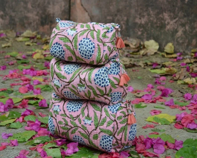 Indian Cotton Peach Floral Toiletry Bag Unisex Makeup Bags Waterproof 3 Pcs. Set