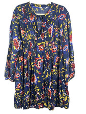Old Navy Dress Women 2X Floral Colorful Boho Tassel Prairie Peasant Puff Sleeves