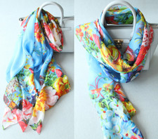100 Silk 55" Chiffon Large Square Scarf Women Shawl Wrap Floral blue JH15-21