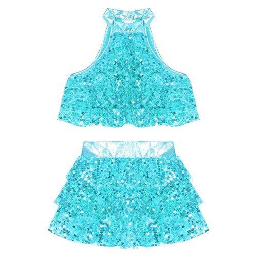 Girls Latin Salsa Samba Rumba Dancewear Sequins Tiered Crop Top with Skirts - Picture 18 of 71