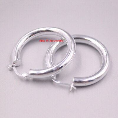 Solid 925 Sterling Silver Glossy Round Women's Hoop Earrings