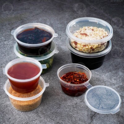 Portionstöpfe Klappdeckel 100 x Take Away Behälter Deli Sauce Dip 1oz 2oz 4oz