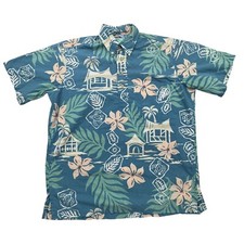 Reyn Spooner Hawaiian Shirt Mens S Blue Tiki Hut Floral  Short Sleeve Popover