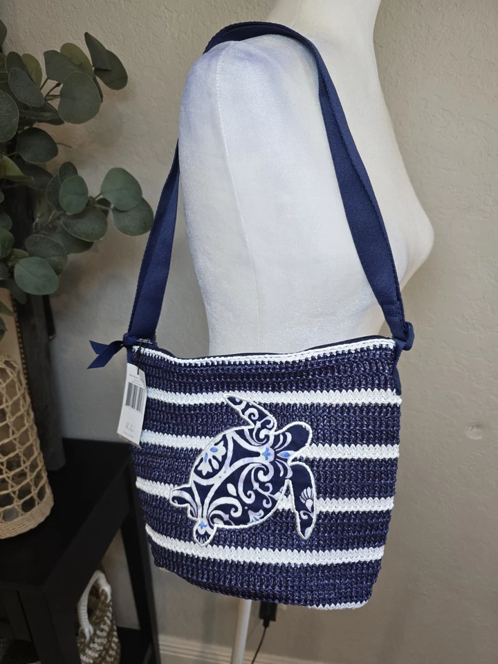 Bandolera Vera Bradley Turtle Dream Cubo Paja Acero Azul Estampado Medallón