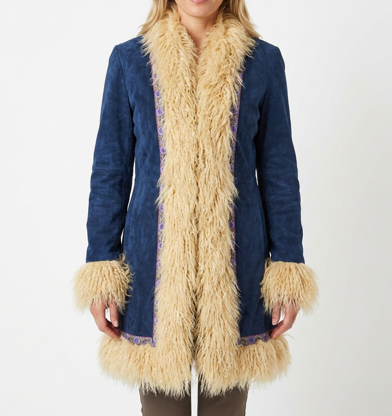 Retro Afghan Penny Lane Genuine Suede Coat Womens Trim With Fuax Fur Outerwear