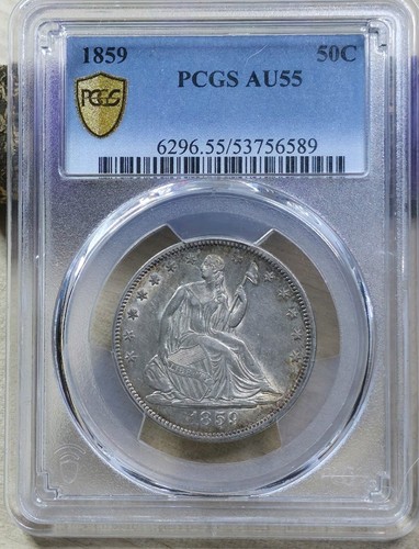 PCGS AU55 1859 Seated Liberty Half Dollar Blue/Gold Toner Key Date