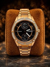 Reloj para mujer Citizen Eco-Drive tono oro rosa bisel cristal - esfera negra