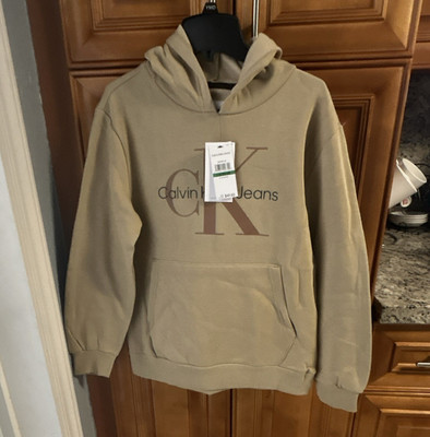 Calvin Klein Jeans Boy s Beige Logo Pullover Hoodie Drawstring Hood Pockets L