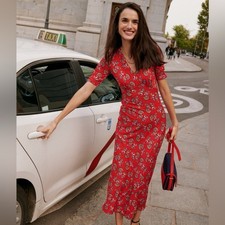 Boden Rebecca Jersey Midi Tea Floral Dress US Size 12R 12 Red Empire Waist