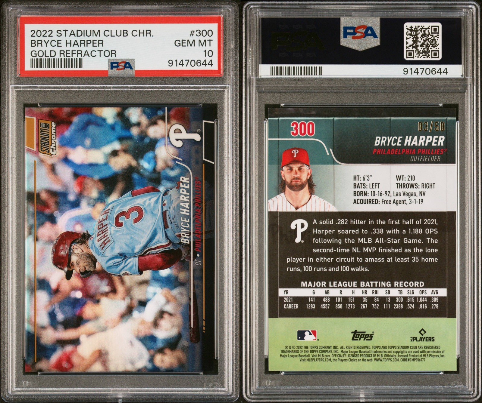 2022 Stadium Club Chrome Bryce Harper Gold Refractor JERSEY NUMBER # 3/50 PSA 10 view 3