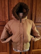 Steve Madden Taupe Tan Women's Faux-Fur Hooded Short Puffer Coat sz L Knit Waist