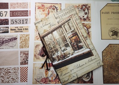 Junk Journal Booklet ''COFFEE TIME 2'' HANDMADE Cards, Pockets, LG 5.5''X8.5'' 40pg