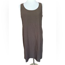 EILEEN FISHER Drapey Tencel Linen Scoop Neck Shift Dress Pockets Brown Small NEW