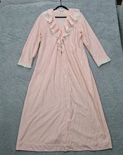 Vintage Sears Pink Flannel Nightgown Womens M Lace Trim Long Sleeve Front Zip