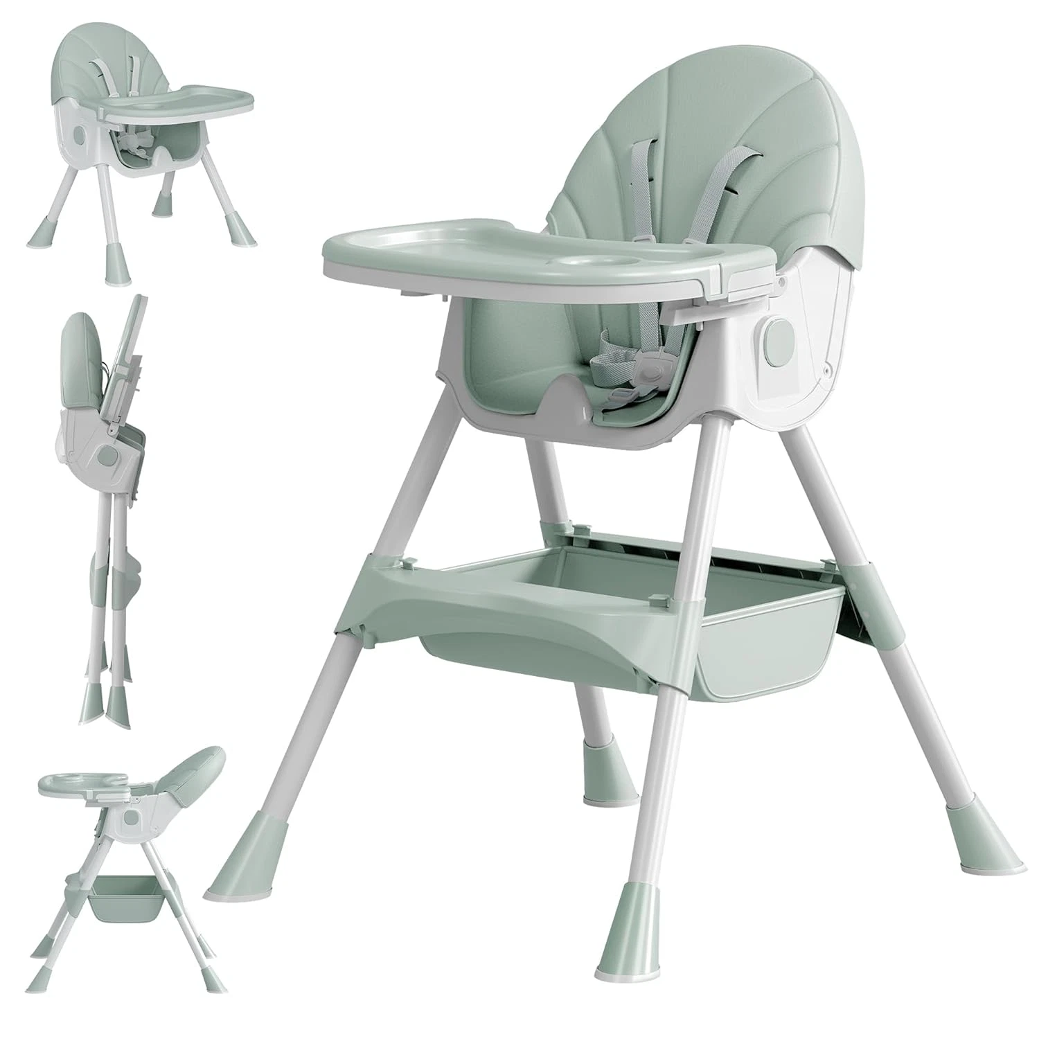 Silla de alta para bebe 5 en 1 plegable altura ajustable cojin suave gris