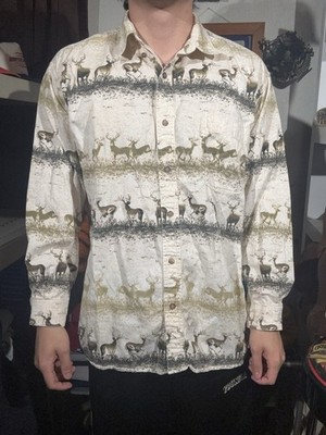 Vintage Western Cowboy Hunting Red Head Long Sleeve Deer Nature Button Up Size L