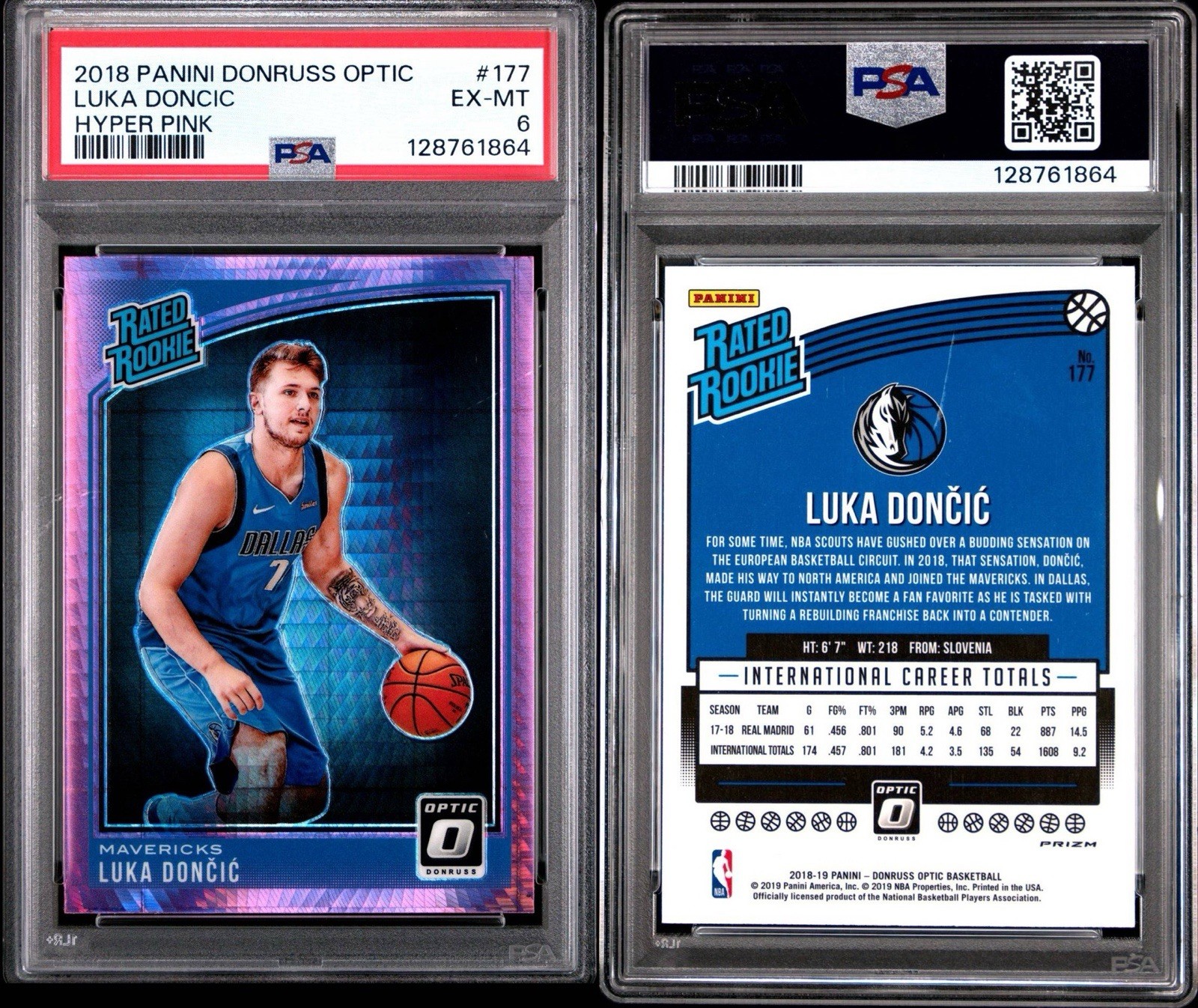 2018-19 Panini Donruss Optic Rated Rookie Luka Doncic 177 Pink Hyper Prizm PSA 6 view 3