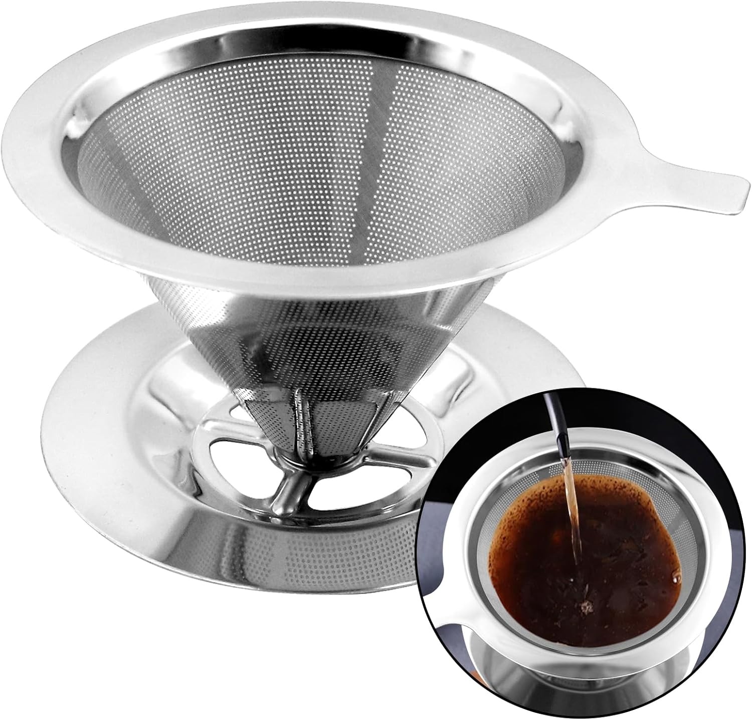 Pour Over Coffee Filter - Stainless Steel Reusable Dripper for Manual Brewing,