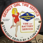 VINTAGE GEORGY GIRL GOODYEAR TIRE SERVICE PORCELAIN TIRES GAS OIL PIN UP SIGN