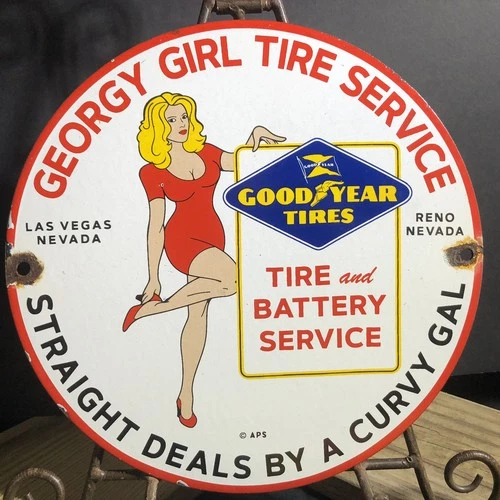 VINTAGE GEORGY GIRL GOODYEAR TIRE SERVICE PORCELAIN TIRES GAS OIL PIN UP SIGN