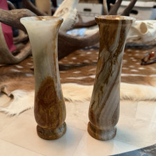 Pair of Small Stone Marble Miniature Vases Marbled Pattern Brown Beige White