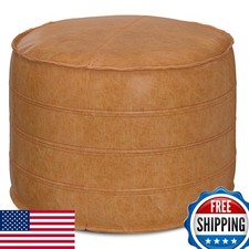 SIMPLIHOME Brody 20" Wide Round Pouf In Distressed Camel Brown Faux Leather