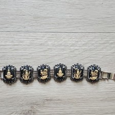 Vintage Gold Tone Siam  Panel Bracelet 18kt Gold Art Stone/crystal