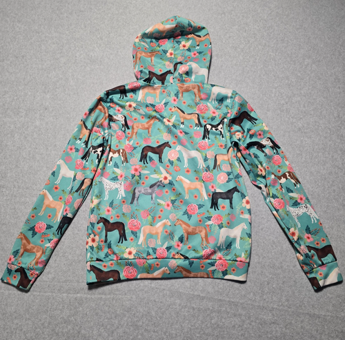 Girls Colored Horse Print Zip Up Hoodie Floral Teal Youth L Equestrian Casual - Picture 8 of 12