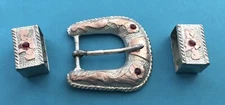 VINTAGE OLD WESTERN STERLING SILVER MEXICO RANGER BELT BUCKLE GEMS & KEEPERS SET
