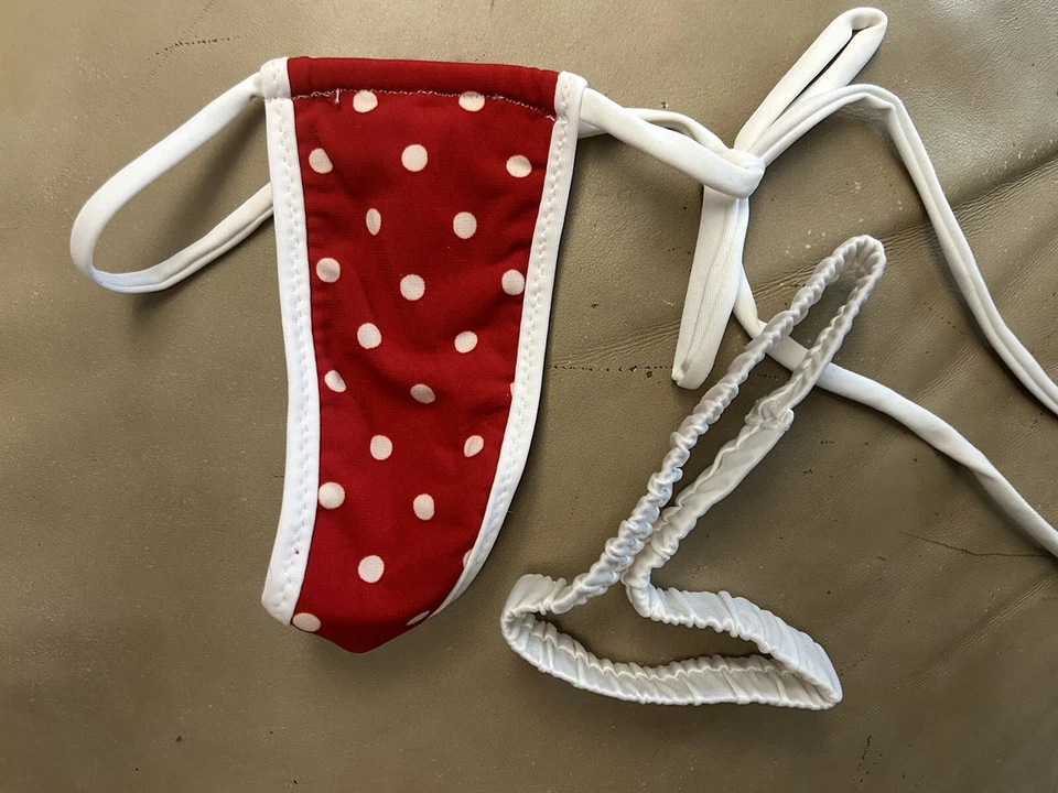 NWOT Skimpy Handmade Triangle Top Thong Bottom Red w/ White Polka Dots Bikini - Image 3 of 4