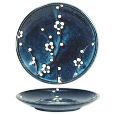 Japanese Dinner Serving Plate 7.5"D Ceramic Blue Cherry Blossom Made in Japan