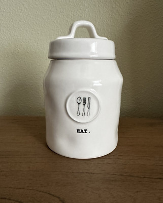 Rae Dunn Magenta Artisan  EAT  Stoneware Canister Jar With Handle Lid NWOT