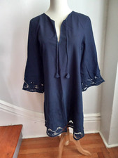 ZARA NAVY BLUE COTTON LACE TUNIC DRESS WITH TASSELS M