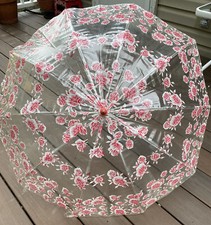Antique Vintage Umbrella Clear Vinyl w Pink Flowers