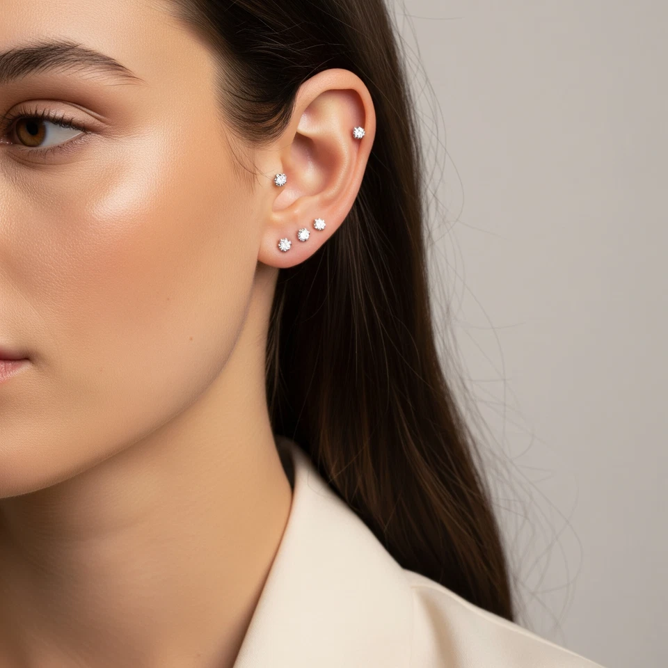 Aretes solitarios redondos de oro blanco macizo de 14K circonita cúbica pesados atornillados 3 mm-7 mm Foto 4 de 4